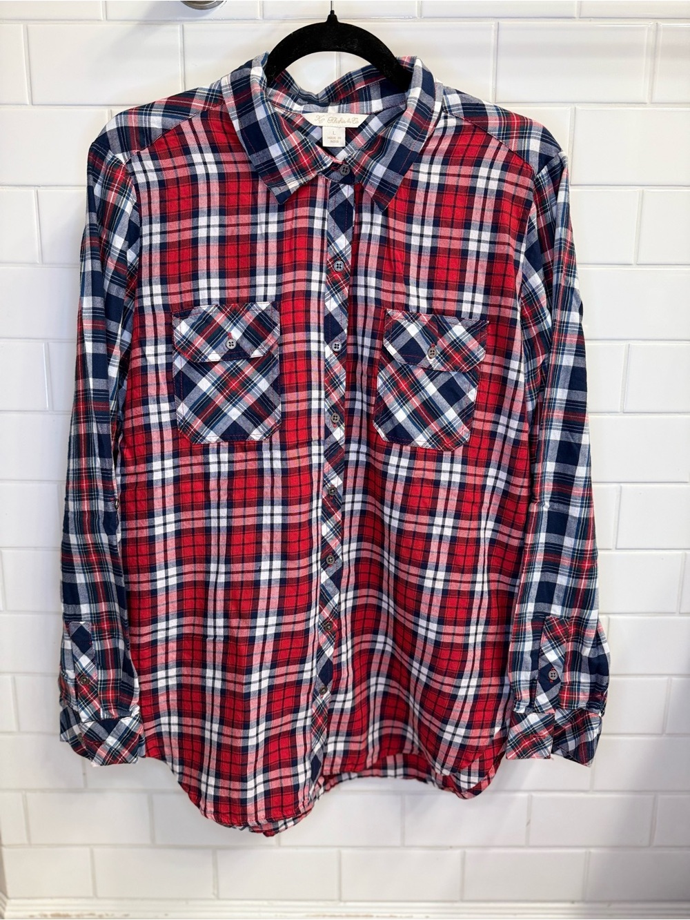 Khakis & Co Red Blue Plaid Patriotic Style Button Down layering Shirt Size L EUC